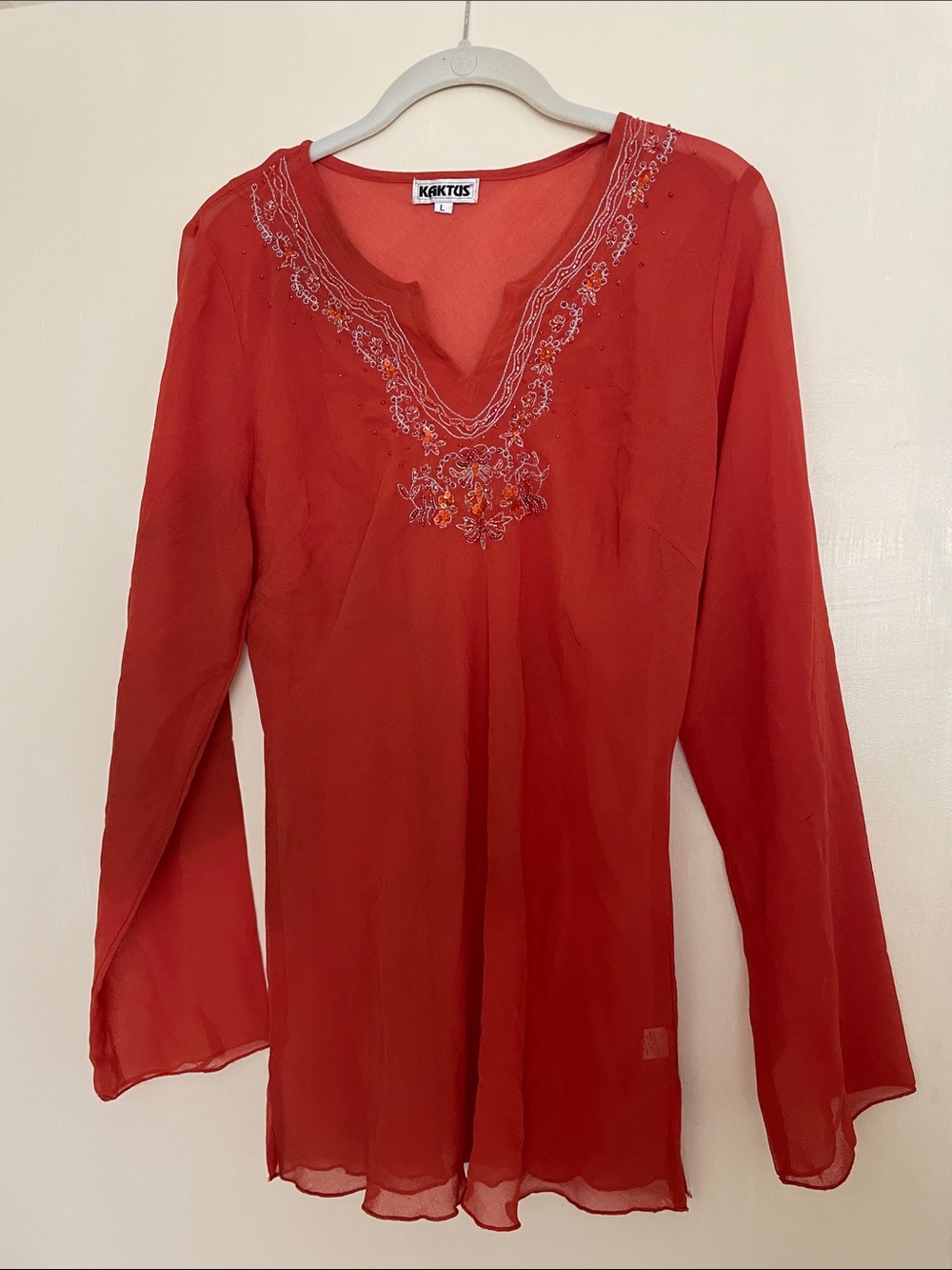 Kaktus Red Orange Long-Sleeve Embroidered Tunic Cover Up